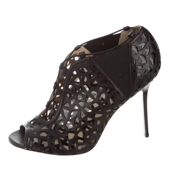 JIMMY CHOO Nappa/Shiny Fab Black Laser Cut Peep Toe Bootie - Size: 9 | IT 39 - Picture 1 of 7